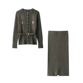 With Belt Diamond Pattern Knitted Coat Midi Skirt Suit