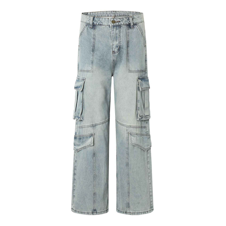 American Retro Pocket Jeans - Simple Washed and Worn Style