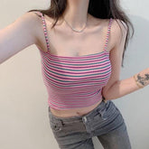 Korean Style Short Western Style Slim Fit Striped Bottoming Shirt in pink and blue stripes worn by a model.