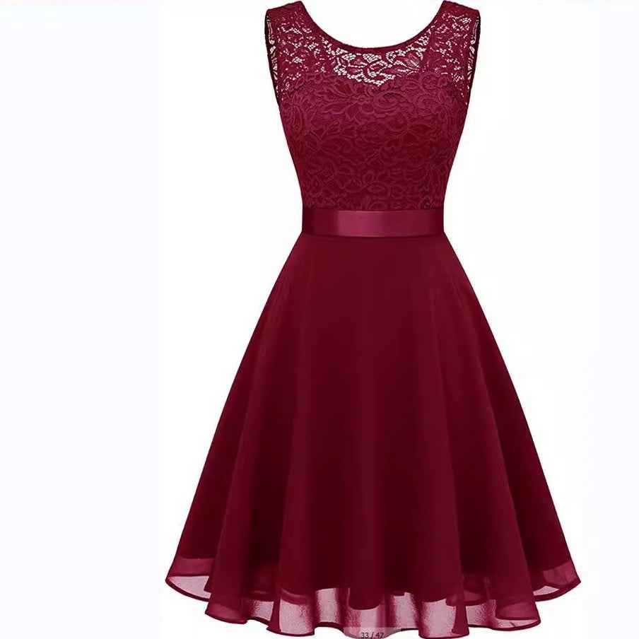 European And American Hollow Waist Solid Color Dress - Sleeveless Lace Hepburn Style