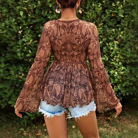 New Versatile Mesh Printed Deep V-Neck Top for Slim-Fit Style - Florence Luxe