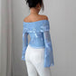 New One-shoulder Trumpet Sleeve Asymmetric Hem Embroidery Versatile Stylish Top