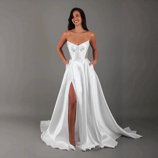 White Satin Bandage Wedding Dress with Slit Pocket