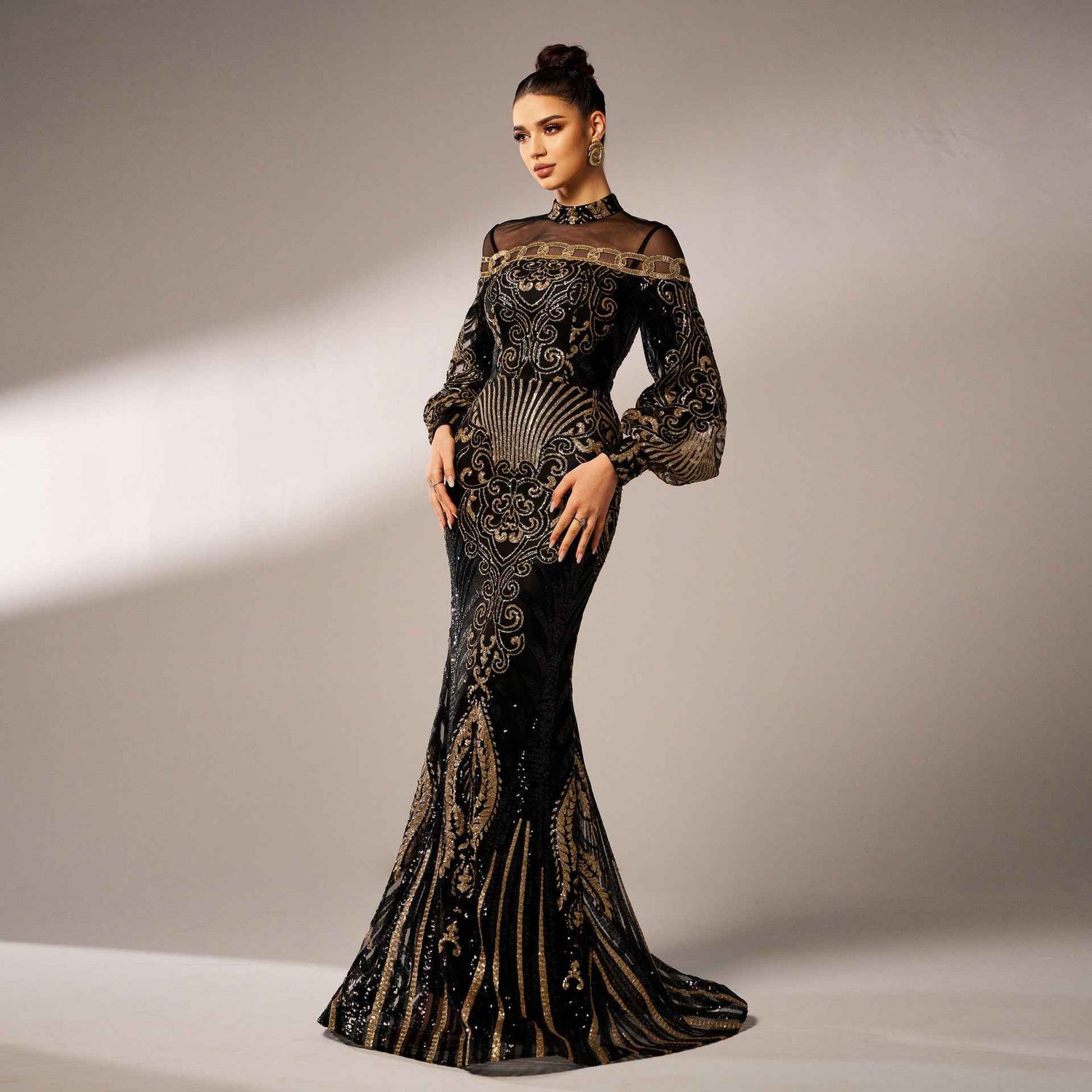 Long Sleeve Sequin Fishtail Dress with Lace for Elegant Occasions