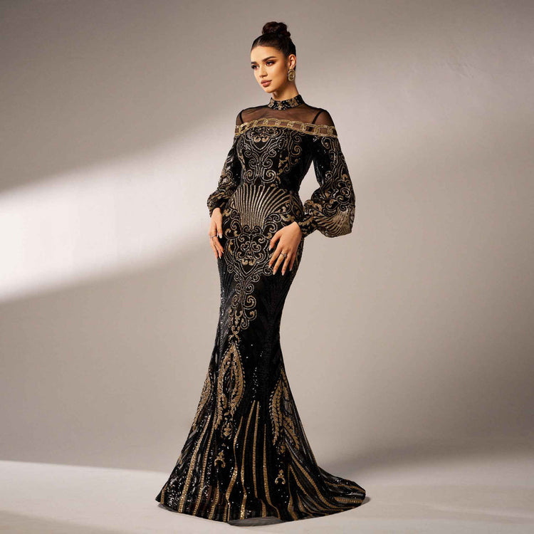 Long Sleeve Sequin Fishtail Dress with Lace for Elegant Occasions