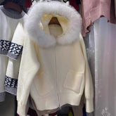 Thickened Hooded Large Fur Collar Knitted Women&