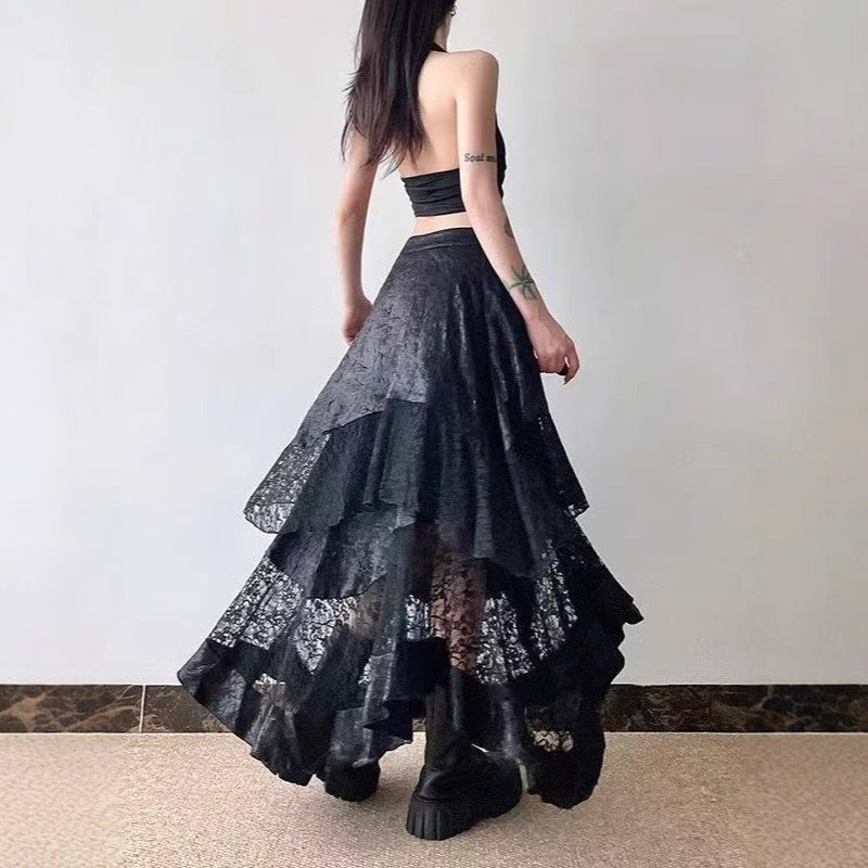 Dark Style Hot Girl Irregular Lace Stitching Skirt - Trendy Dark Lace Stitching Skirt - Florence Luxe
