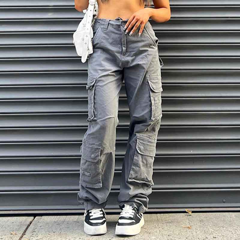 Multi-Pocket Gray Straight Loose Jeans for Women - Slim Look and Comfort