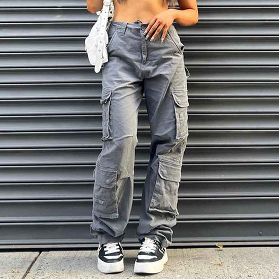 Multi-Pocket Gray Straight Loose Jeans for Women - Slim Look and Comfort