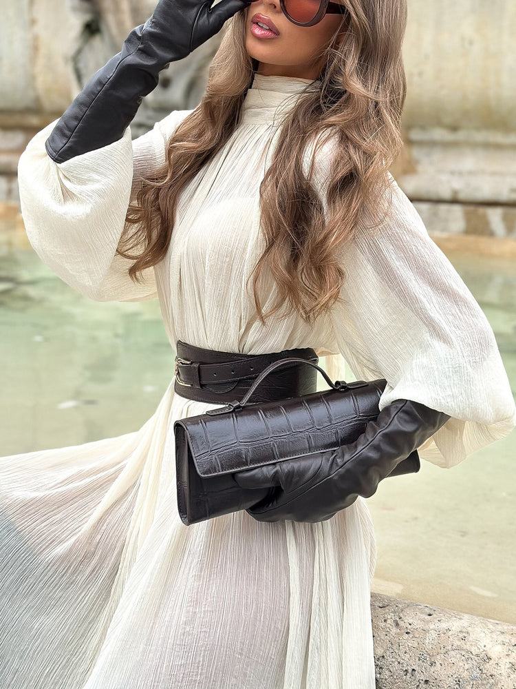 White Ruffled Tie Dress with Long Sleeves - Florence Luxe