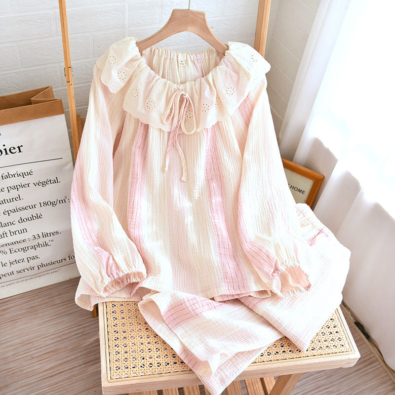 Contrast-color Doll Collar Long-sleeved Trousers Homewear Suit.
