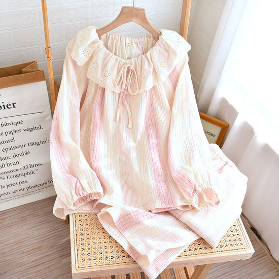 Contrast-color Doll Collar Long-sleeved Trousers Homewear Suit.