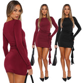 European And American Style New Solid Color Long Sleeve Dress.