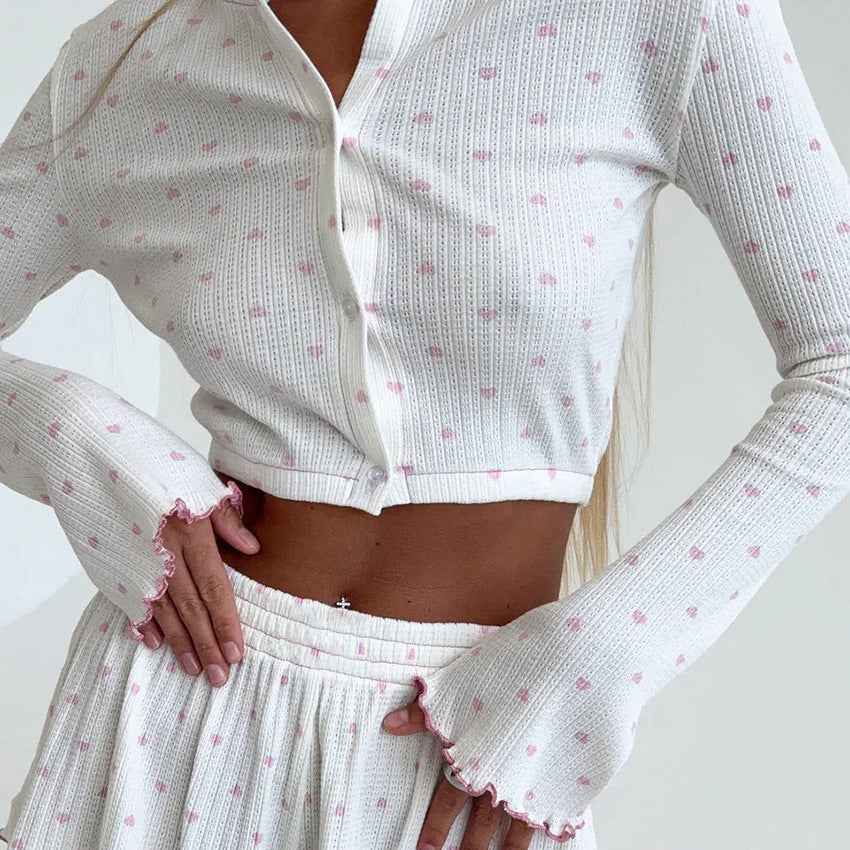 Heart Print Long Sleeve Pajamas - Fashionable Midriff Outfit for Daily Home Wear