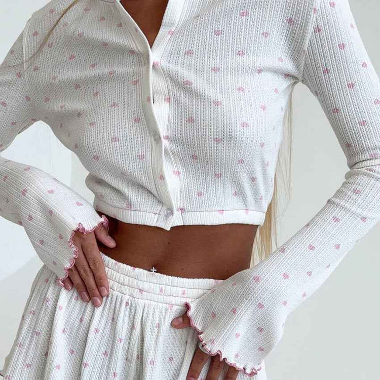 Heart Print Long Sleeve Pajamas - Fashionable Midriff Outfit for Daily Home Wear
