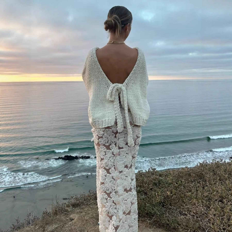 Backless Lace Up Sweater - Long Sleeve Loose Sweater for Effortless Style