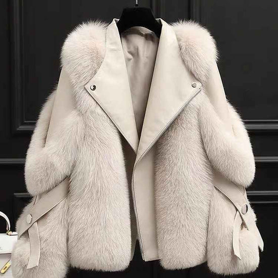 One-piece Fur Motorcycle Coat Long Wool Coat