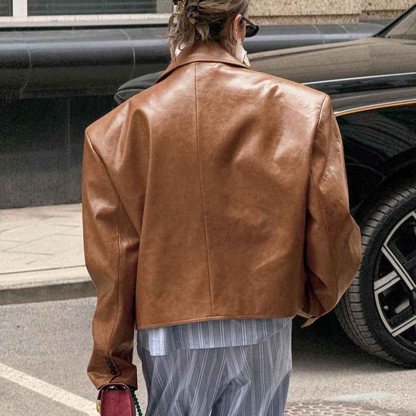 Suit Collar Leather Jacket for Women - Elegant PU Design Coat