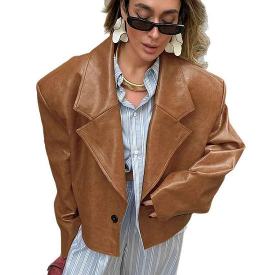 Suit Collar Leather Jacket for Women - Elegant PU Design Coat