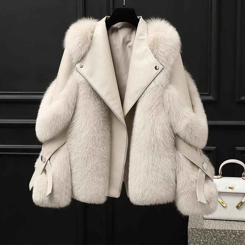One-piece Fur Motorcycle Coat Long Wool Coat