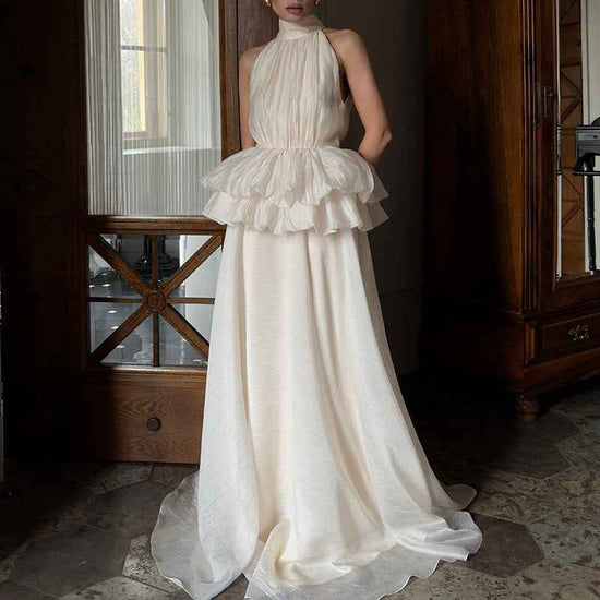 Long Ruffled Dress Sleeveless Stand Collar Solid Color Dress