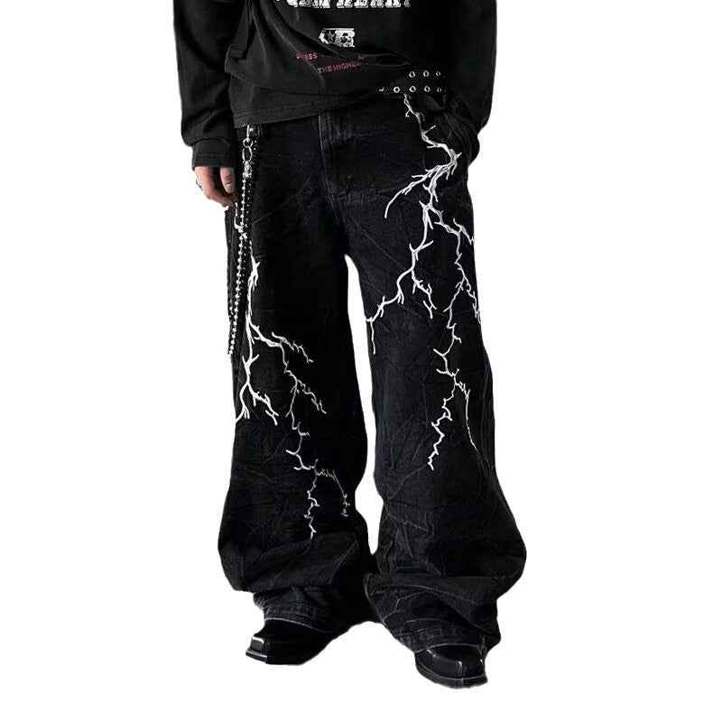 Retro Minority Washed Lightning Embroidered Jeans