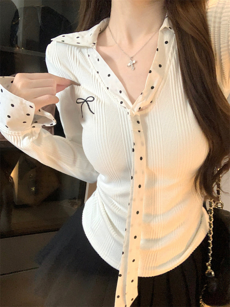 Polka Dot Patchwork Long Sleeve T-Shirt for Women - Florence Luxe