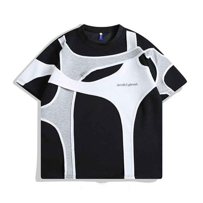 Double-Layer Padded Shoulder T-Shirt with Short Sleeves and Stitching Detail