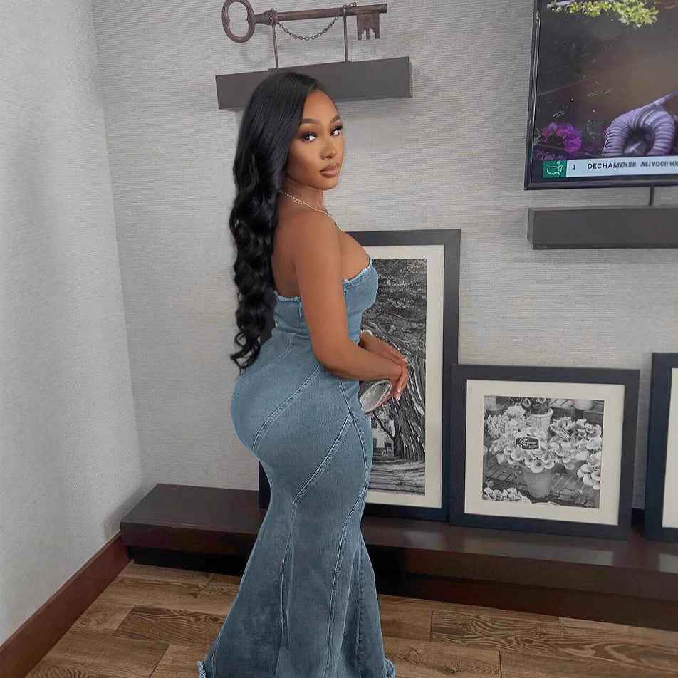 Fashion Slim-fit Chest Wrap Dress Fishtail Hip Wrap Denim Dress