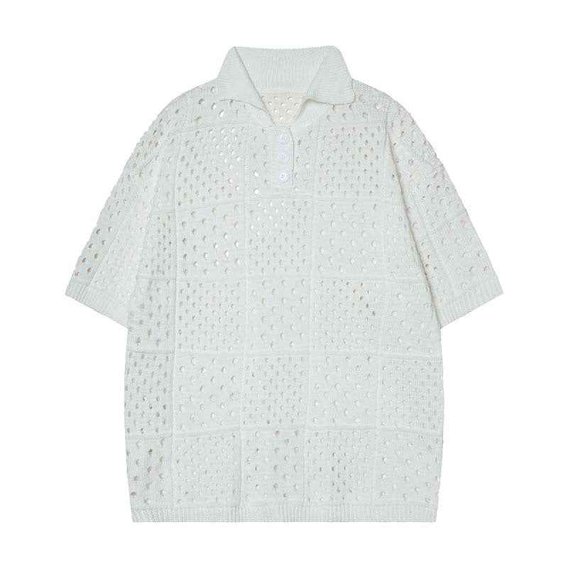 Solid Color Hollow High Sense Polo Shirt - Short-sleeved Knitting Design