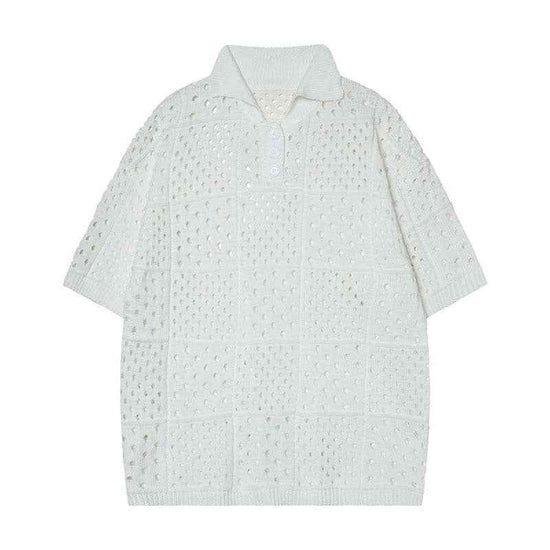 Solid Color Hollow High Sense Polo Shirt - Short-sleeved Knitting Design