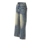 Retro Washed-Out Jeans with Deconstructed Stitching Design - Loose All-Match Style