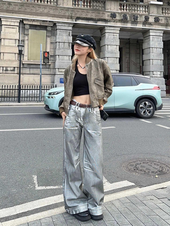 American Retro Straight Leg Jeans in Rubbing Color Distressed Style - Florence Luxe