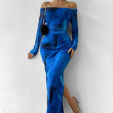 Printed Pleated Sexy Dress with Tight Fit and Split Square Collar