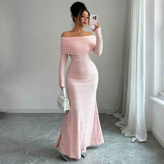 Elegant Simple Off-shoulder Long Sleeve Dress Women&