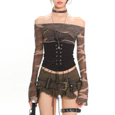 Street Hot Girl Lace Up Top with Long Sleeve Mesh and Waist Trimming - Florence Luxe