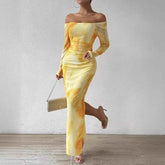 Printed Pleated Sexy Dress with Tight Fit and Split Square Collar