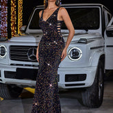 High Slit Sequined Evening Dress Without Back - Florence Luxe