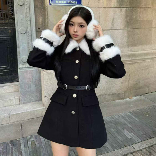 Patchwork Fur Collar Coat for Effortless Style and Comfort
