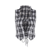trendy premium plaid waistcoat top for women in black and white with hollow strap detail.