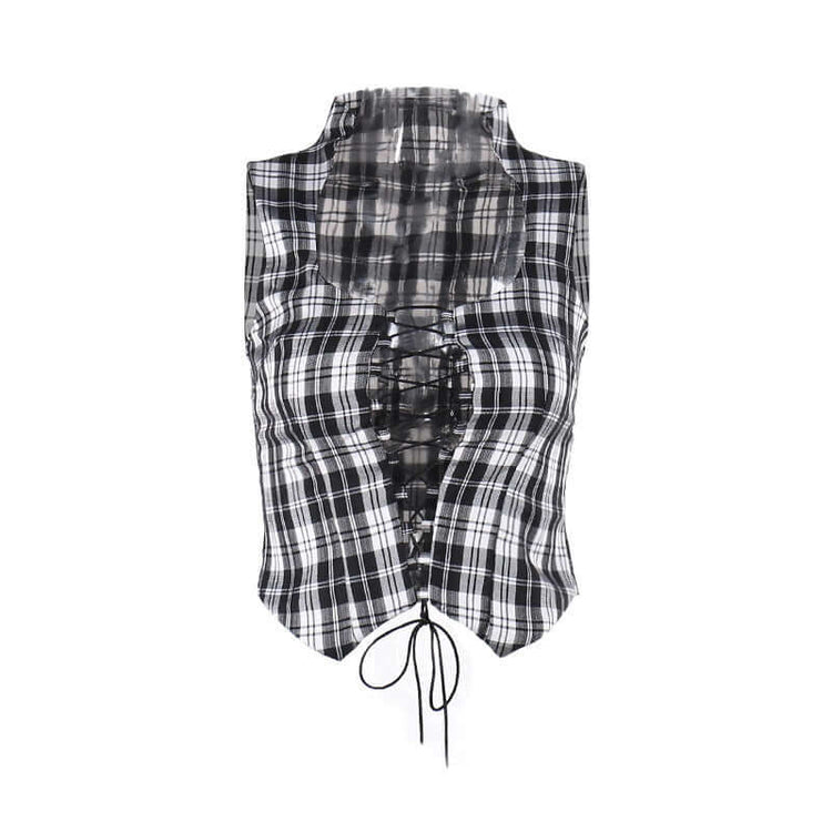 trendy premium plaid waistcoat top for women in black and white with hollow strap detail.