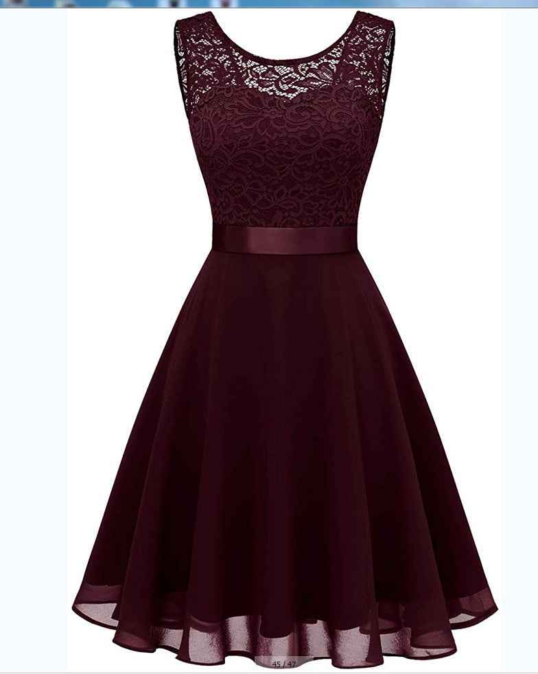 European And American Hollow Waist Solid Color Dress - Sleeveless Lace Hepburn Style