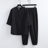 Linen Short Sleeve Suit Buckle Half Buddhist set - Florence Luxe