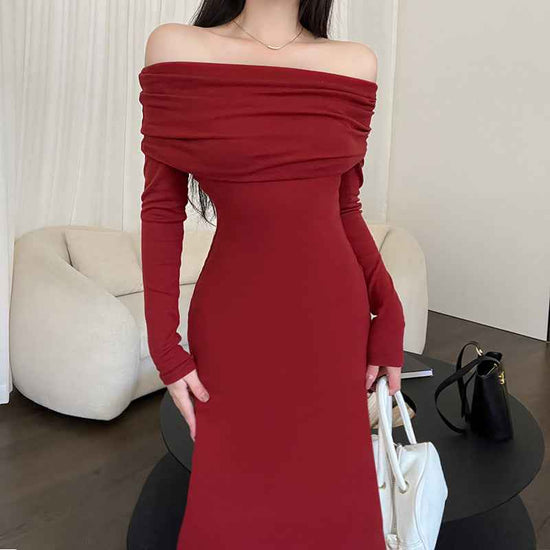 Knitted Off-shoulder Long Sleeve Fishtail Dress Ins Spring French Retro