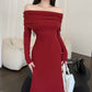 Knitted Off-shoulder Long Sleeve Fishtail Dress Ins Spring French Retro