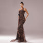 One-Shoulder Leopard Sequined Evening Dress with Diagonal Collar - Florence Luxe
