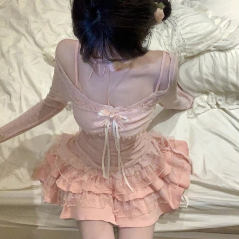 Summer Sweet Hot Girl Pure Desire Smock Top Strap Dress Two-piece Suit.