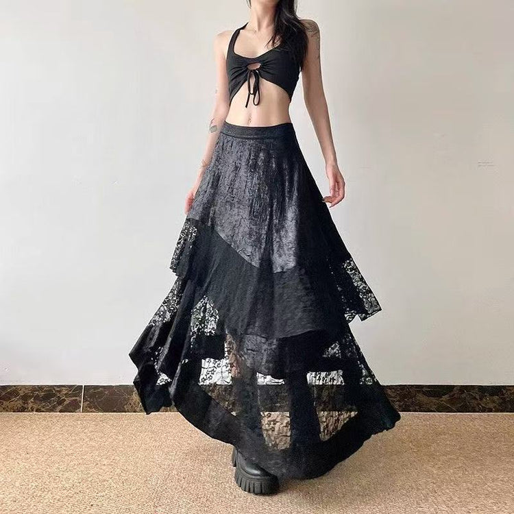 Dark Style Hot Girl Irregular Lace Stitching Skirt - Trendy Dark Lace Stitching Skirt - Florence Luxe