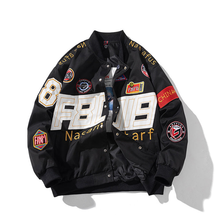 Racing Suit Motorcycle Jacket with Embroidered Baseball Design - Florence Luxe