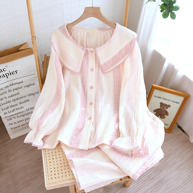 Contrast-color Doll Collar Long-sleeved Trousers Homewear Suit.